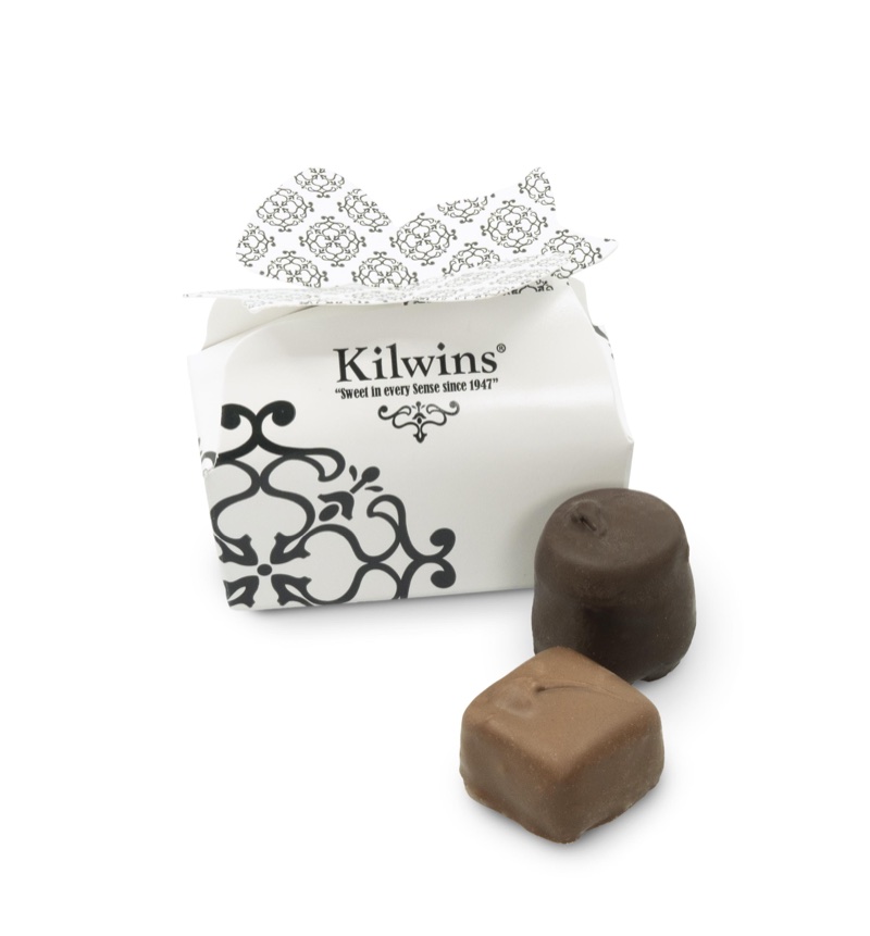Small Kilwins favor box with damask flourish and two hand-dipped chocolates